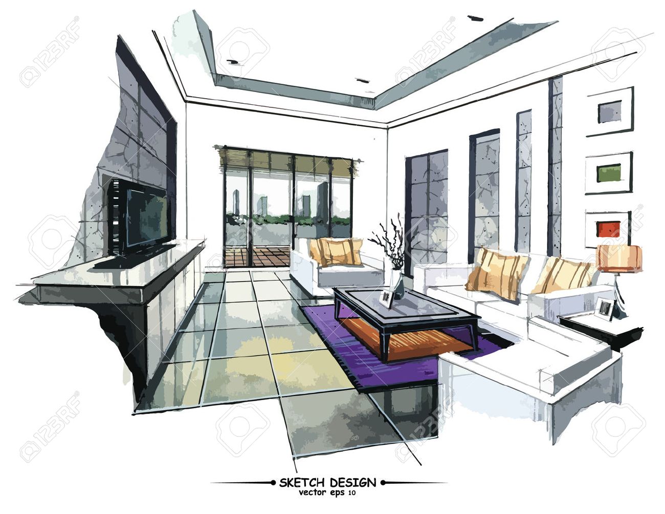 Vector interior sketch design. Watercolor sketching idea on white..