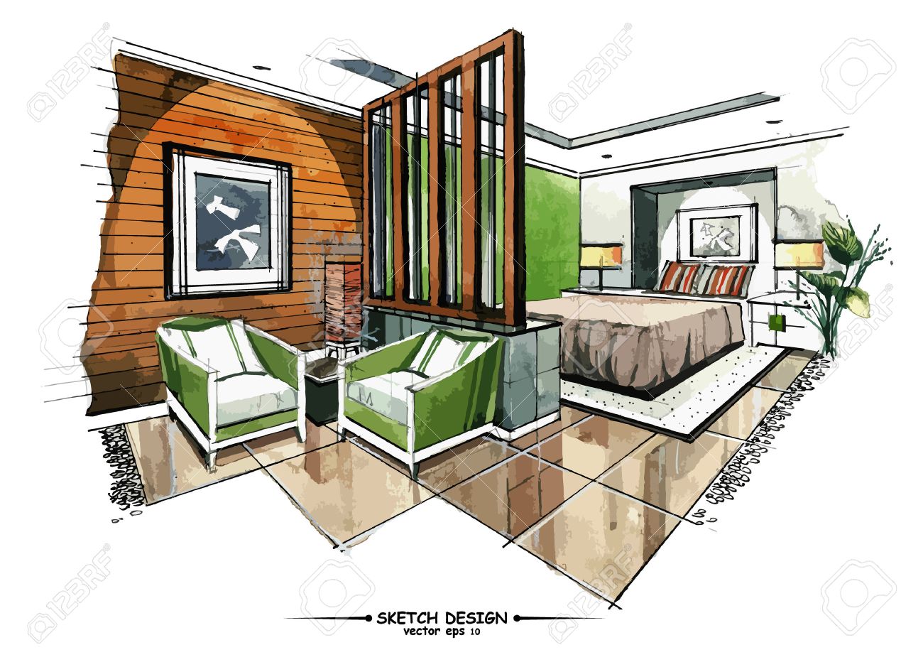 Vector interior sketch design. Watercolor sketching idea on white..