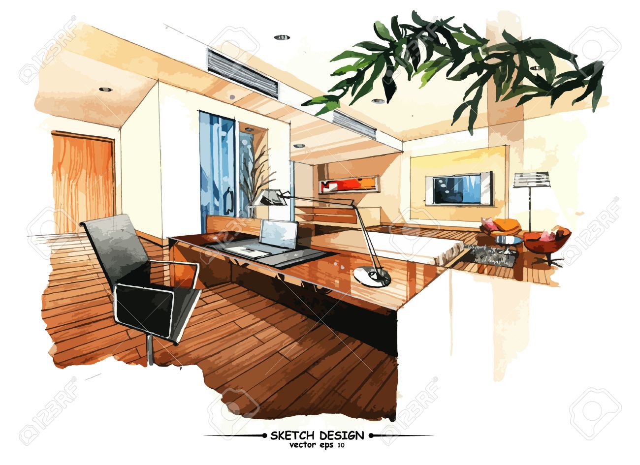Vector interior sketch design. Watercolor sketching idea on white..