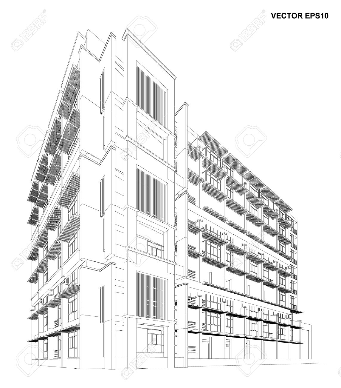 perspective 3d render of building wireframe vector illustration