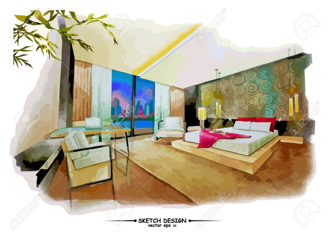 Vector interior sketch design. Watercolor sketching idea on white..
