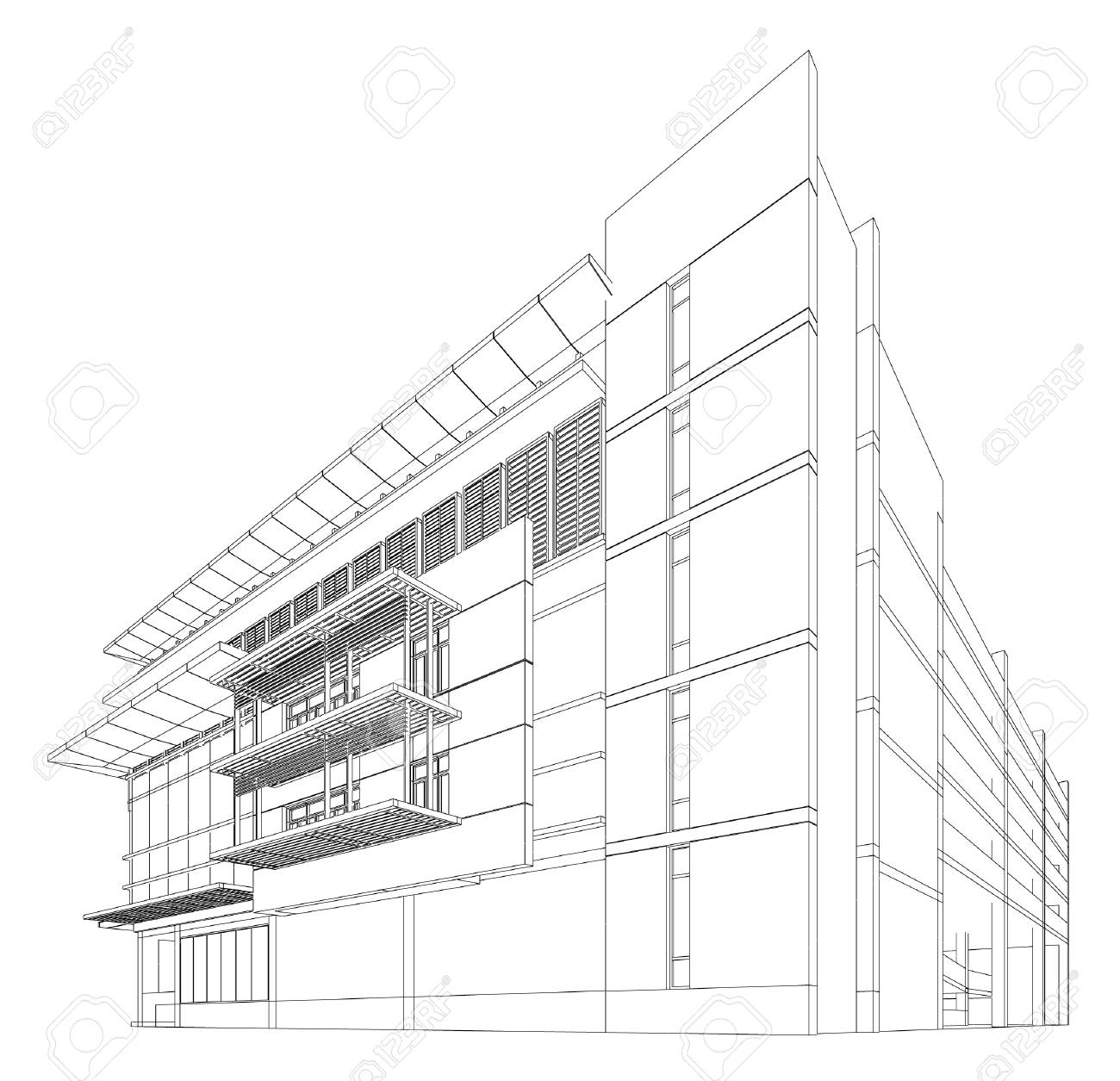 perspective 3d render of building wireframe vector illustration