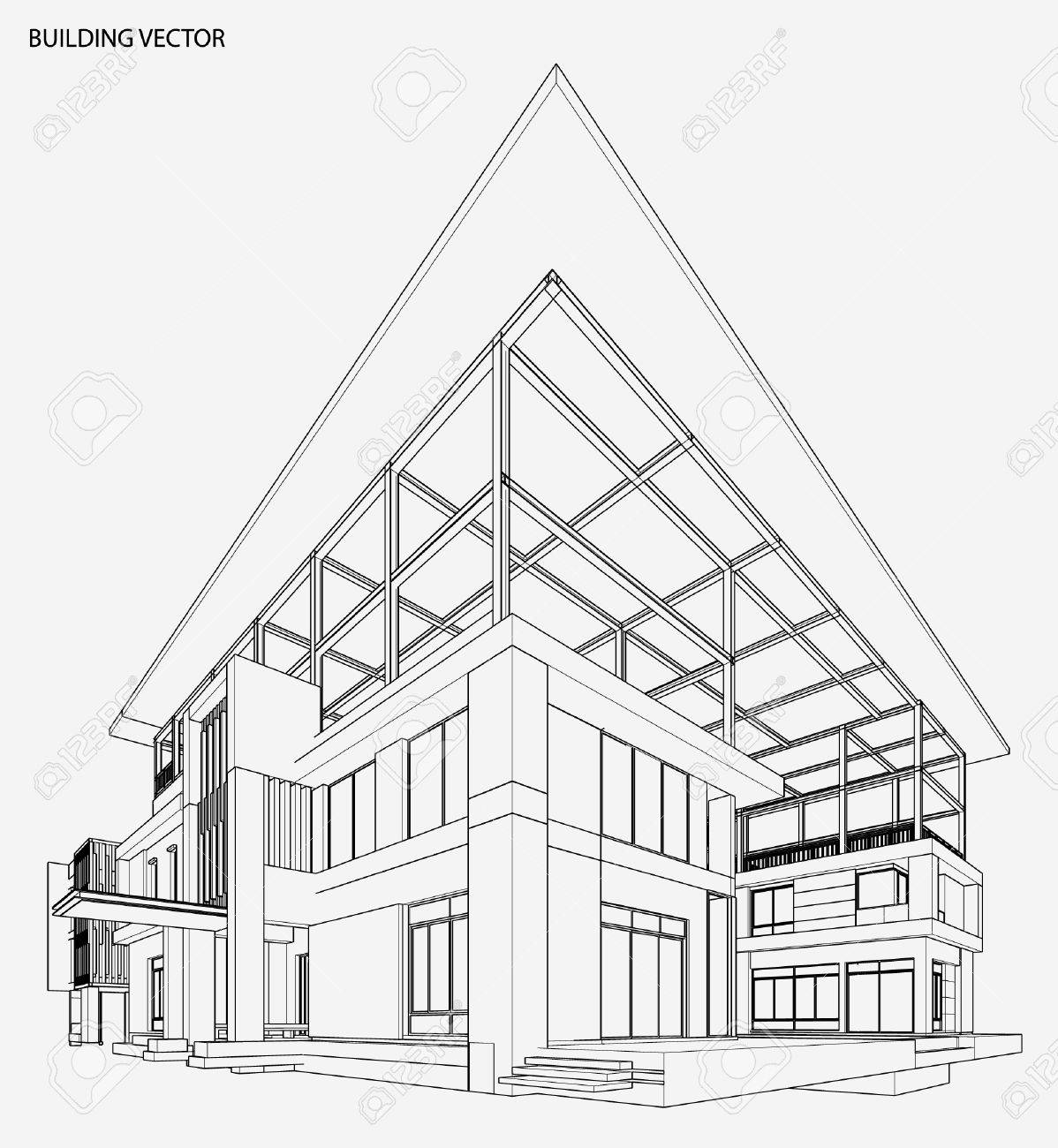 perspective 3d render of building wireframe royalty free cliparts