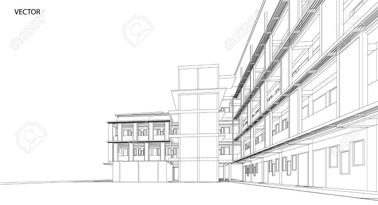 perspective 3d render of building wireframe vector illustration