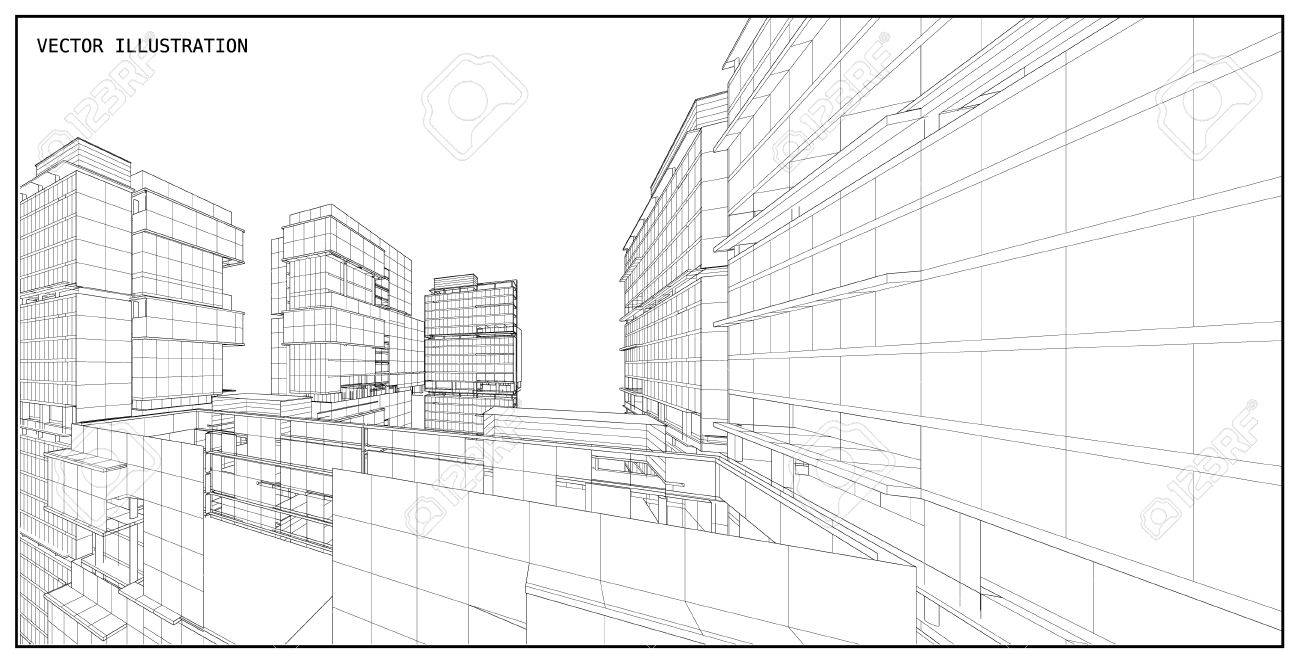 perspective 3d render of building wireframe vector illustration