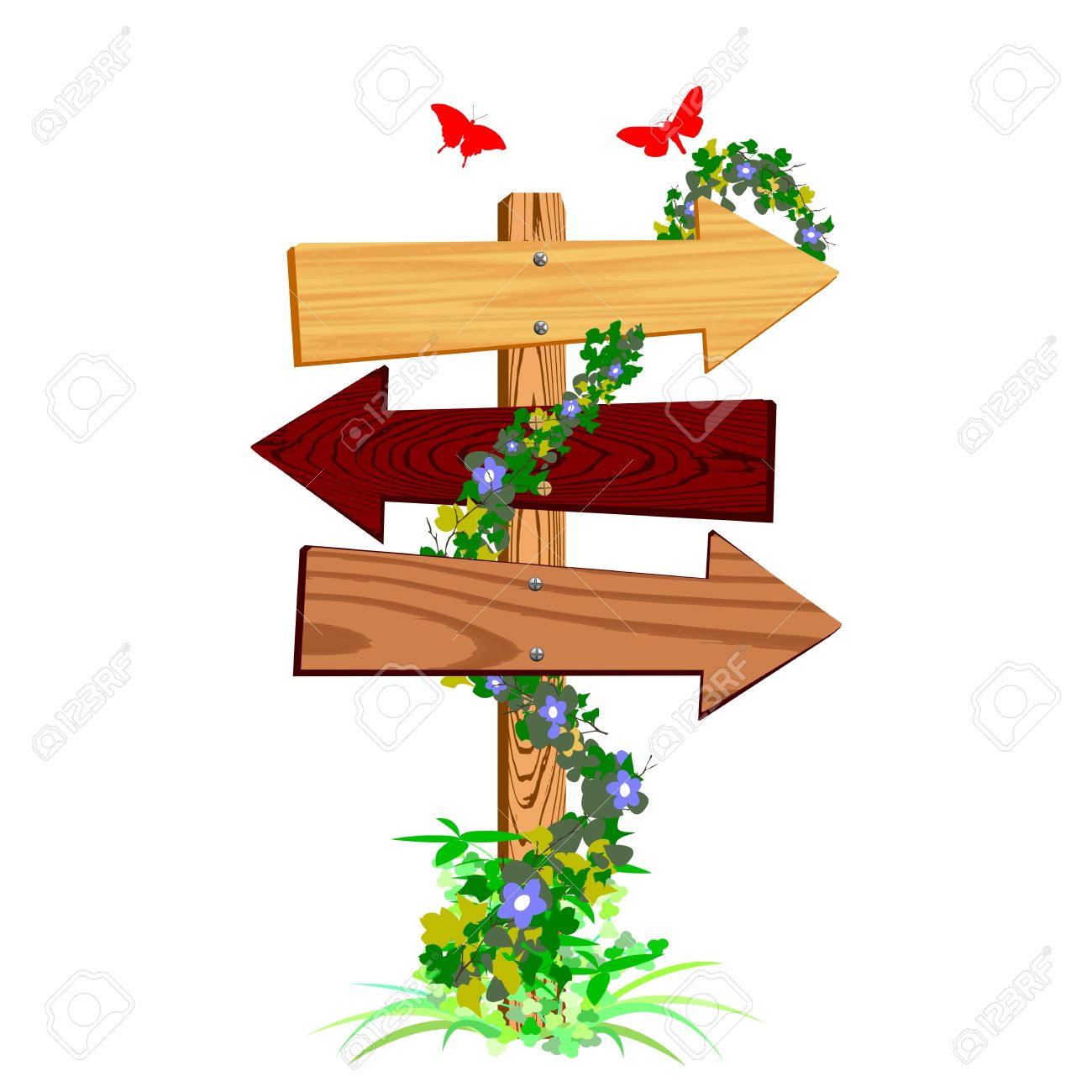 blank wooden arrow sign and butterflies vector royalty free