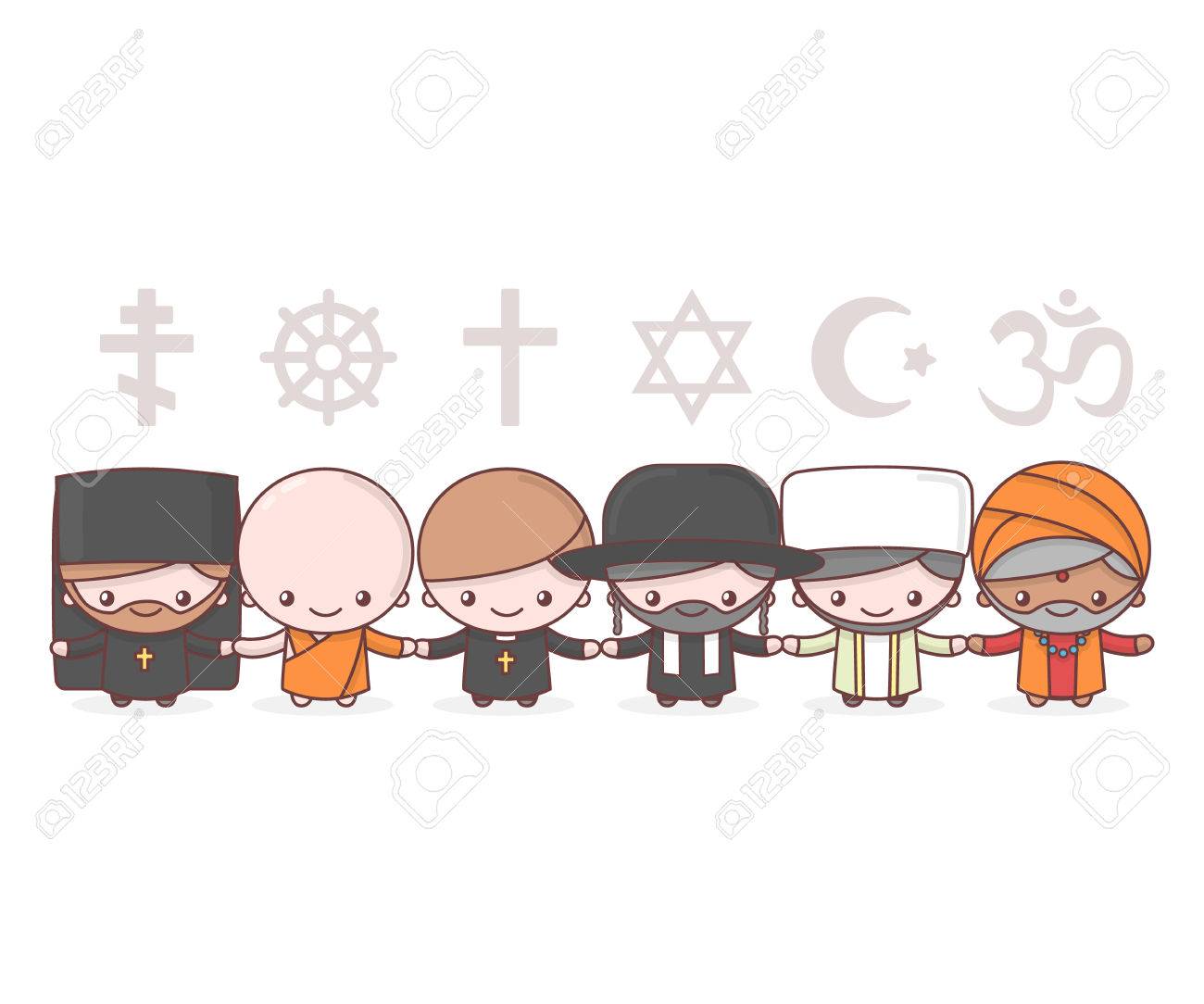Niedliche Charaktere Judentum Rabbi Buddhismus Monch Hinduismus Brahman Katholizismuspriester Christentum Heiliger Vater Islam Muslim Religionsvektorsymbole Freundschaft Und Frieden Fur Verschiedene Glaubensrichtungen Karikatur Lizenzfrei