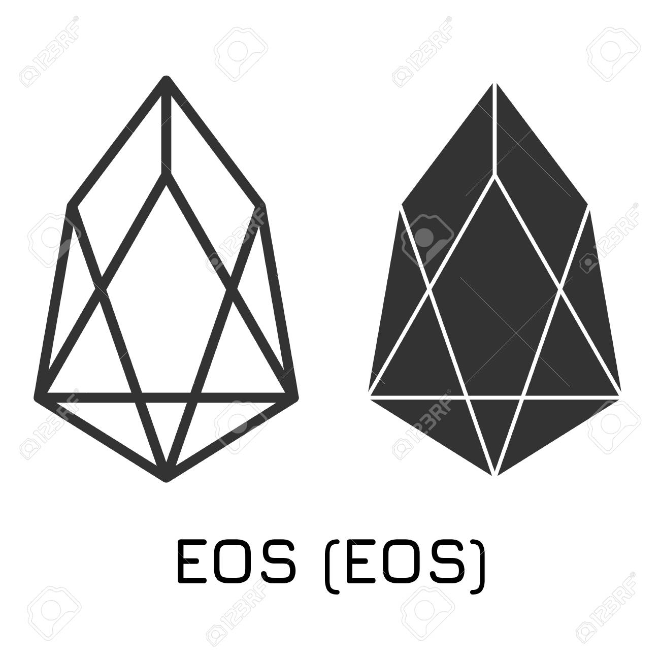 격리 된 흰 배경에 벡터 일러스트 레이 션 암호화 동전 아이콘 EOS (EOS)입니다. 암호화 통화의 이름과 거래소의 짧은 거래 명.  디지털 통화 로열티 무료 사진, 그림, 이미지 그리고 스톡포토그래피. Image 93680394