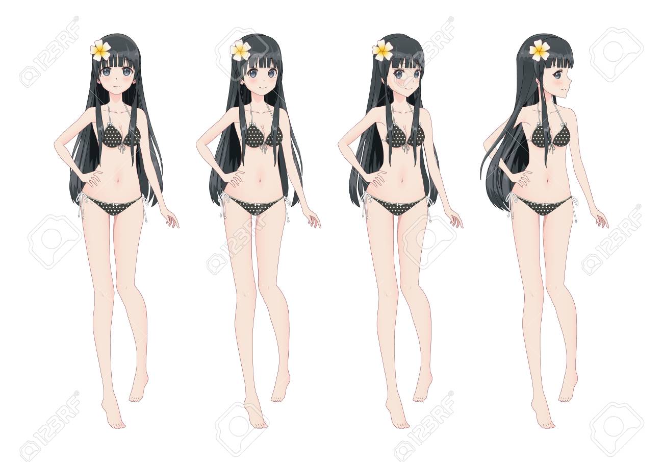 Hermosa Chica Anime Manga En Bikini Traje De Baño. Posturas Giros De Cabeza. Ilustraciones Vectoriales, Clip Art Vectorizado Libre De Derechos. Image