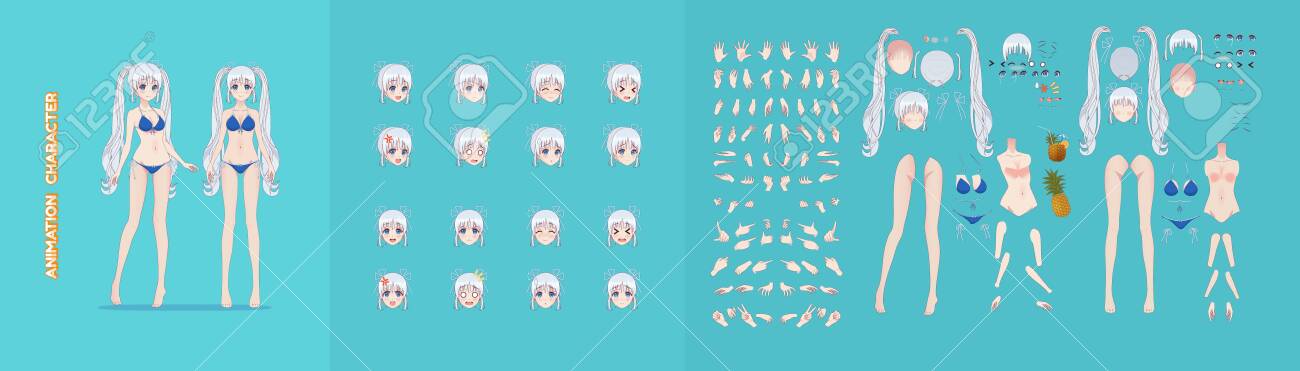 Anime Manga Girl Cartoon Characters For Animation, Motion Design. The Initial Default Pose. Parts Of The Body, Eight Emotions, Many Parts Of Hands. Bikini Swimsuit Animation Kit Royalty Free SVG, Cliparts, Vectors, Anime Manga Girl Cartoon Characters For Animation, Motion Design. The Initial Default Pose. Parts Of The Body, Eight Emotions, Many Parts Of Hands. Bikini Swimsuit Animation Kit Royalty Free SVG, Cliparts, Vectors,