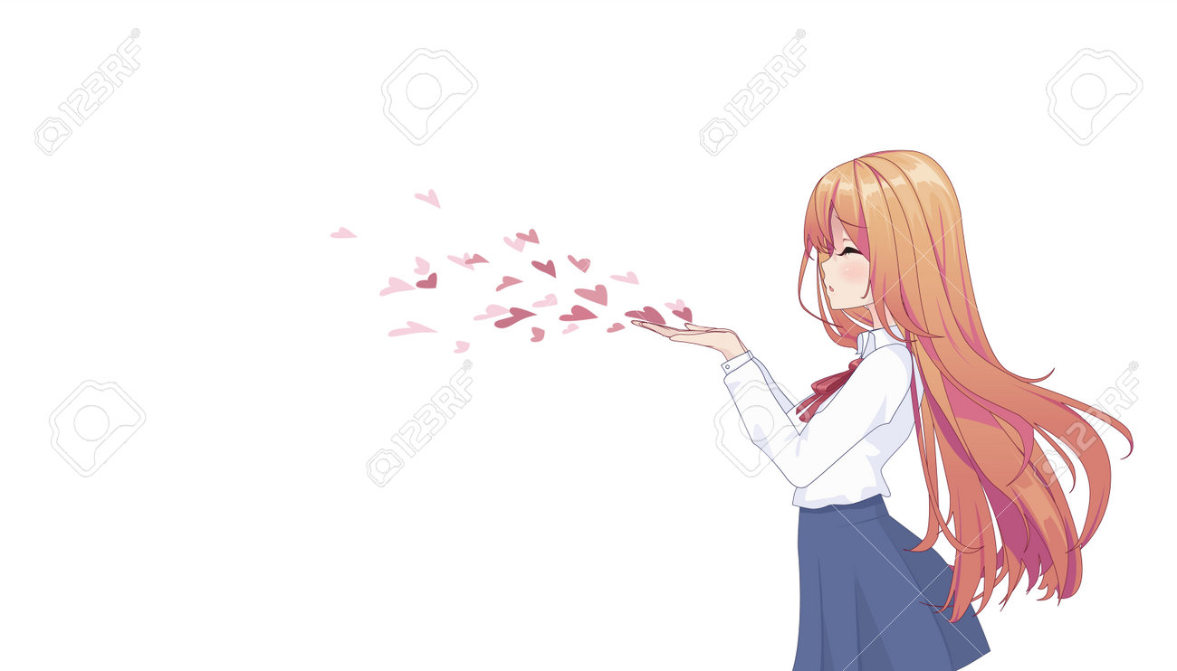 Anime Manga Girl In A Skirt And Blouse With Long Hair, Blowing A Kiss. Side  View. Copy Space, Place For Text On White Isolated Background. Vector  Illustration Royalty Free SVG, Cliparts, Vectors,, image size:1300x742