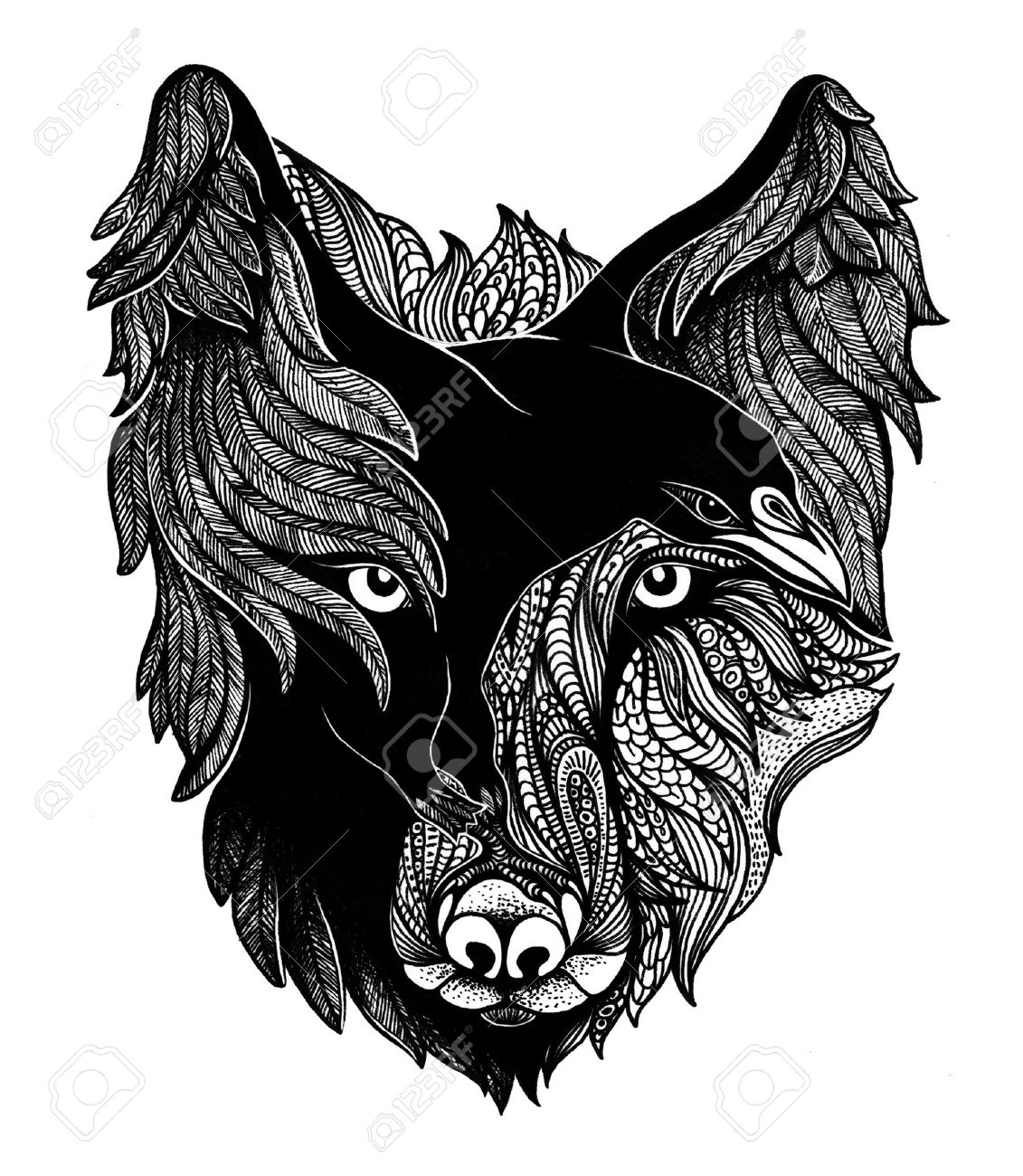 Wolf and raven black and white art illustration. - 57607373 Wolf and raven black and white art illustration. - 57607373