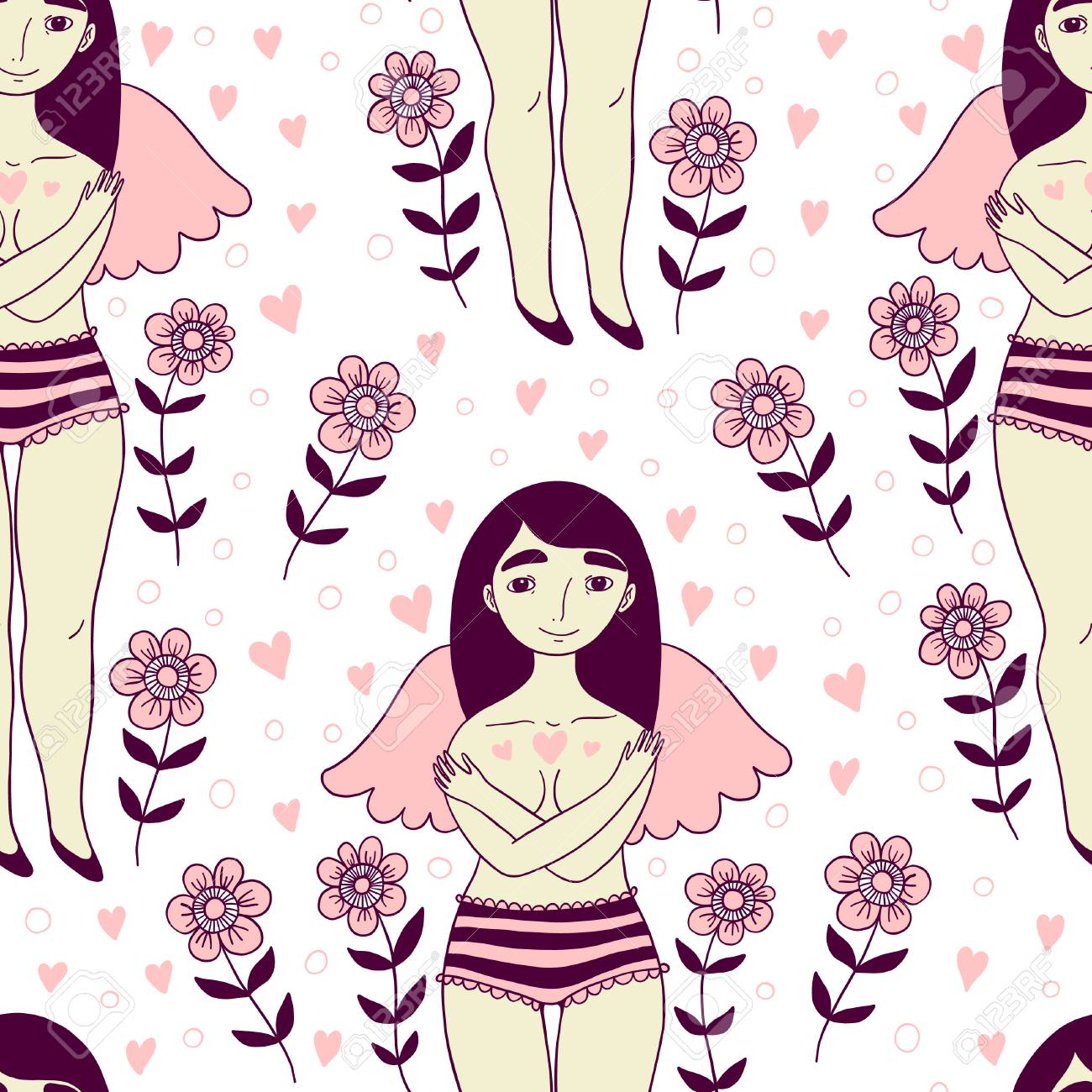 女の子と花シームレスなパターン 自己愛の感動的なイラスト のイラスト素材 ベクタ Image