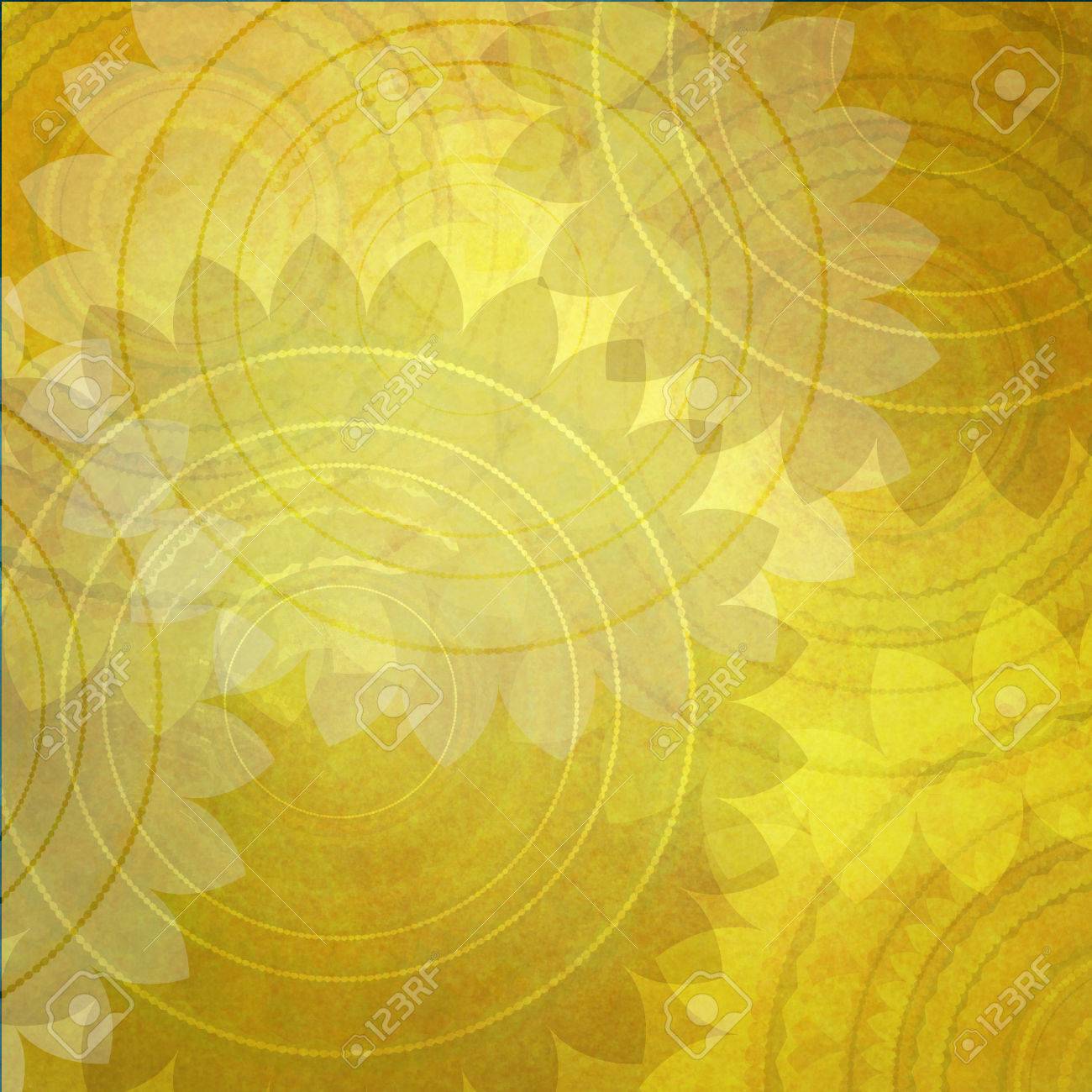 花のデザイン要素を持つ派手なゴールドの背景パターン ヴィンテージ背景用紙 黄色いひまわり壁紙に丸いシール パターン図形のレイヤー の写真素材 画像素材 Image