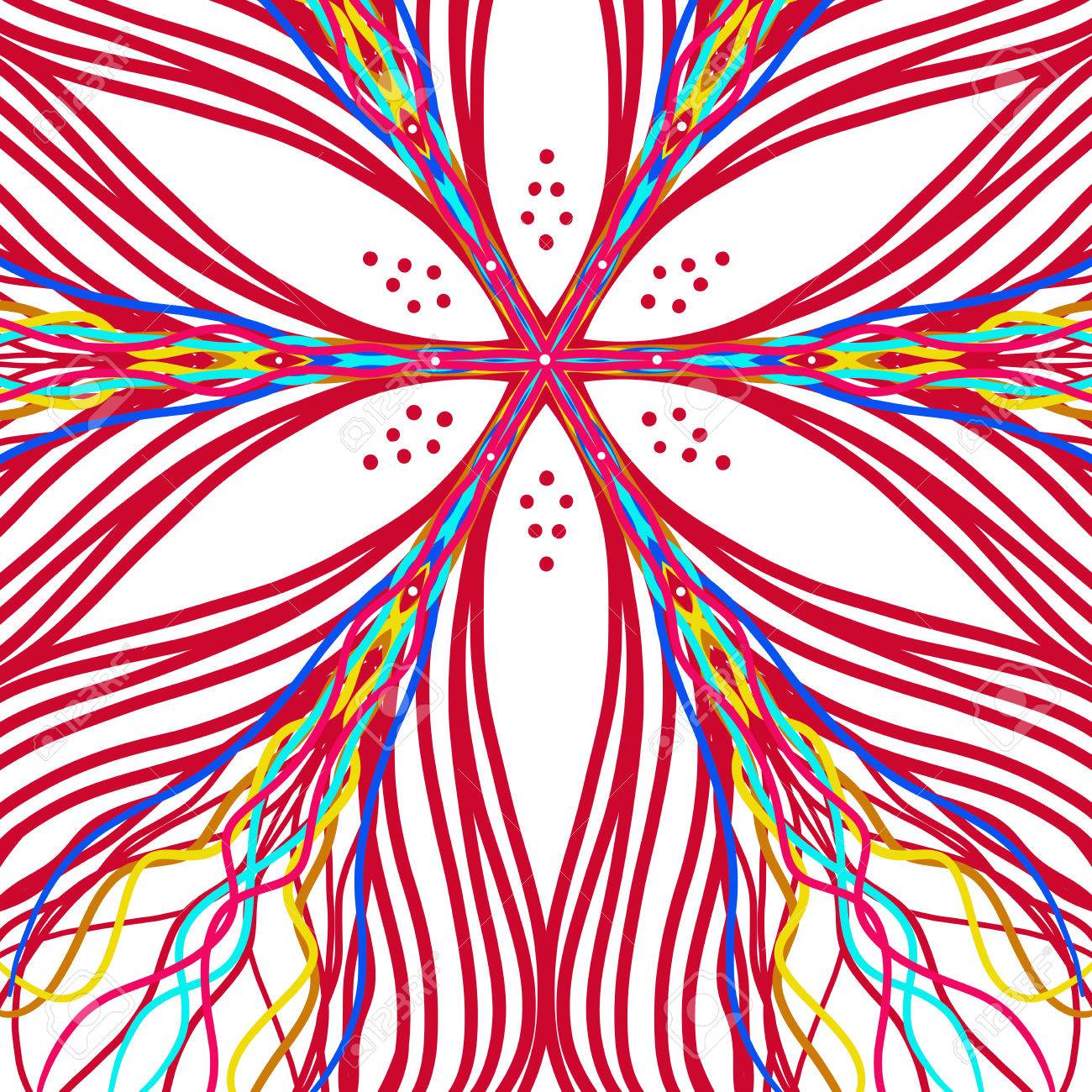 Dessin Artistique Dessiné à La Main Ou à La Fleur Rouge Avec Des Lignes Ondulées De Couleur Dans Un Joli Motif De Kaléidoscope Avec Un Centre Blanc