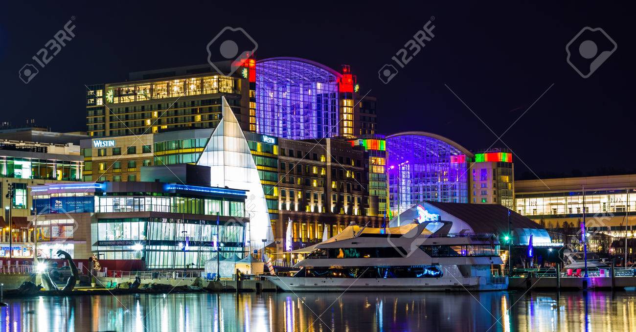 National Harbor Maryland >> Buildings And A Boat On The Shore Of The Potomac River At Night National Harbor Maryland >> Buildings And A Boat On The Shore Of The Potomac River At Night