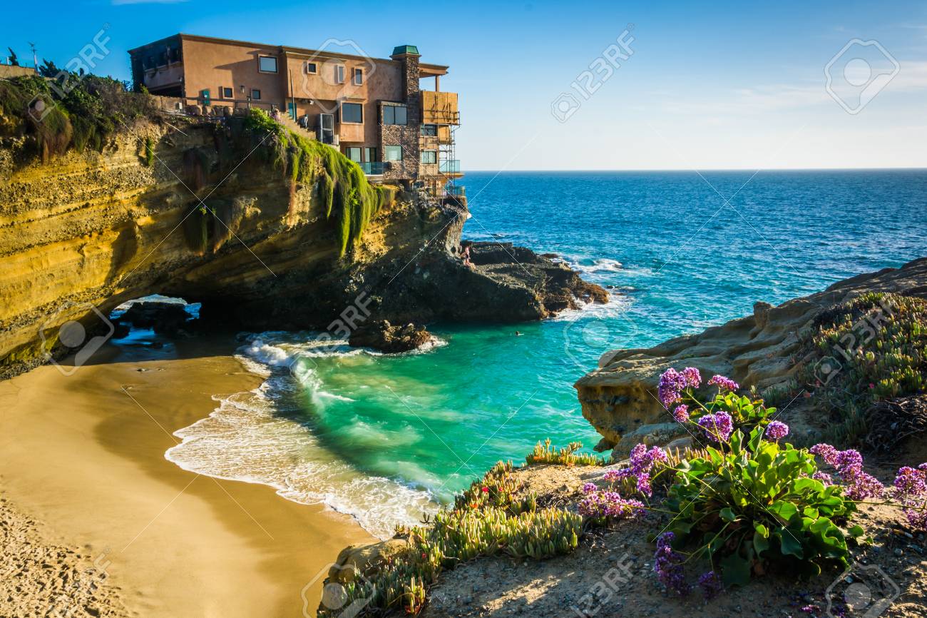 Flowers And View Of A House On A Cliff And A Small Cove At Table Rock Beach In Laguna Beach California Stock Photo Picture And Royalty Free Image Image 38535353