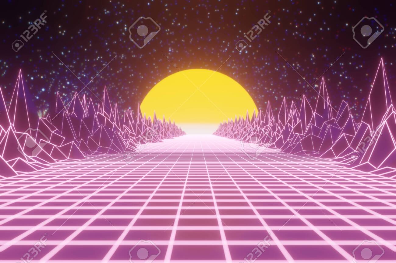 Retro 80s Videogame Tunnel Background With Mountains And Sun 8bit ...