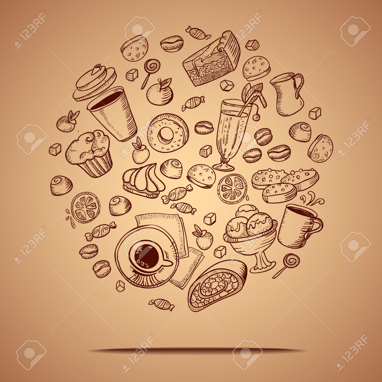 Vector card with coffee and pastry hand drawing icons. - 23321121 Vector card with coffee and pastry hand drawing icons. - 23321121