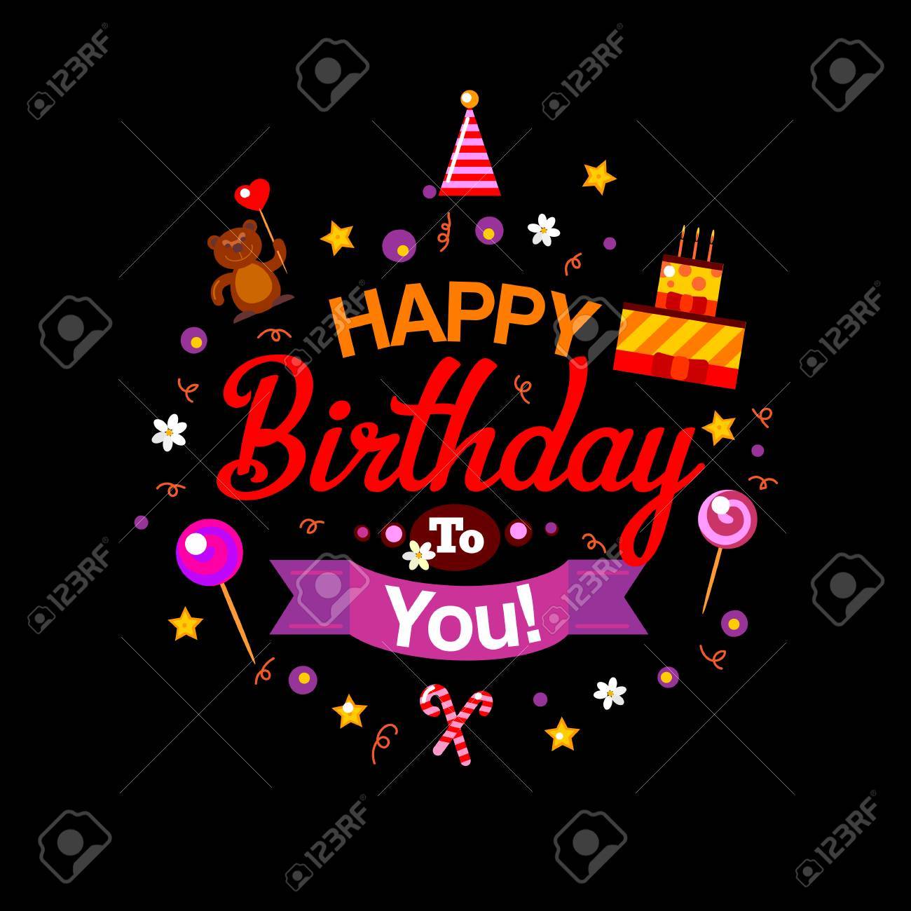 Carte De Joyeux Anniversaire De Vecteur Lumineux Au Fond Noir. Gâteau  D'anniversaire Et Cadeaux. Illustration Vectorielle. Joyeux Anniversaire  Invitation De Fête Des Enfants. Design De Célébration De La Typographie  Amusante. Joyeux Anniversaire