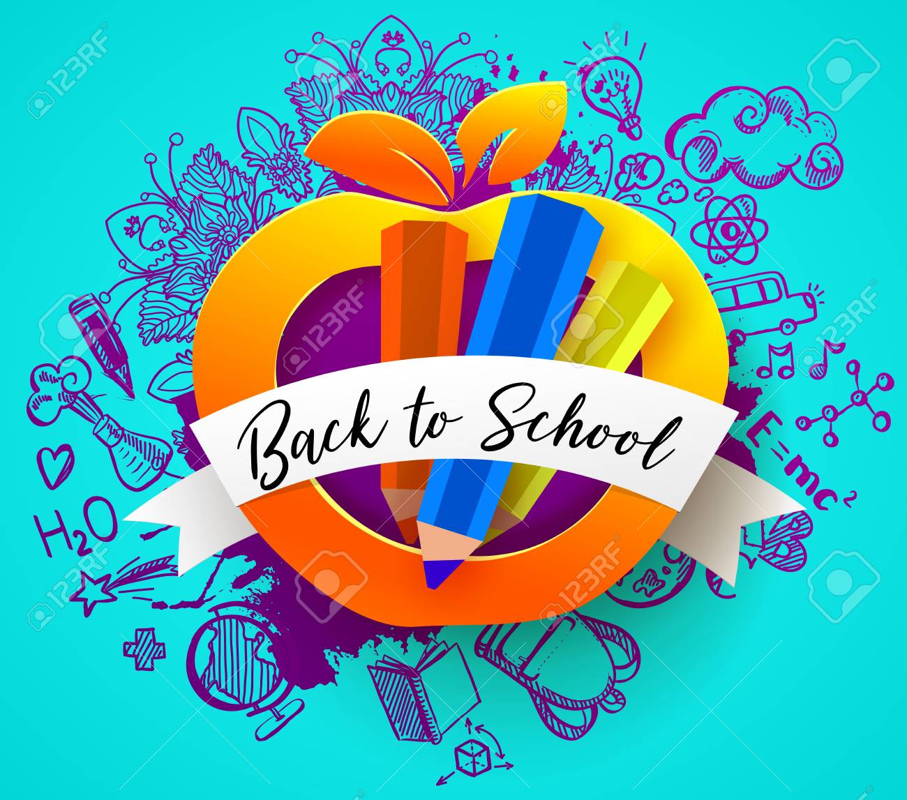 back to school horizontal banner with hand drawn education doodles