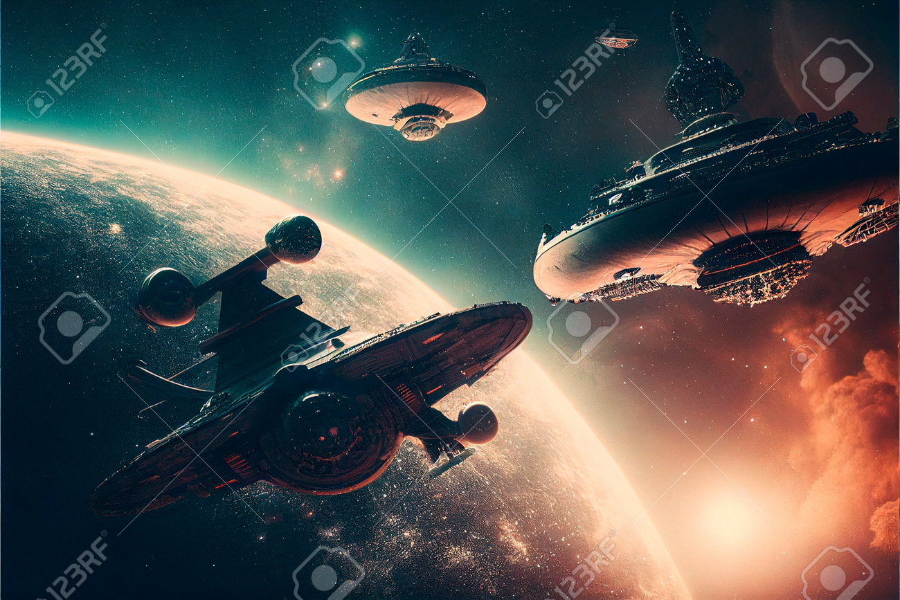 惑星と宇宙の背景にある銀河間宇宙船。高品質のイラストの写真