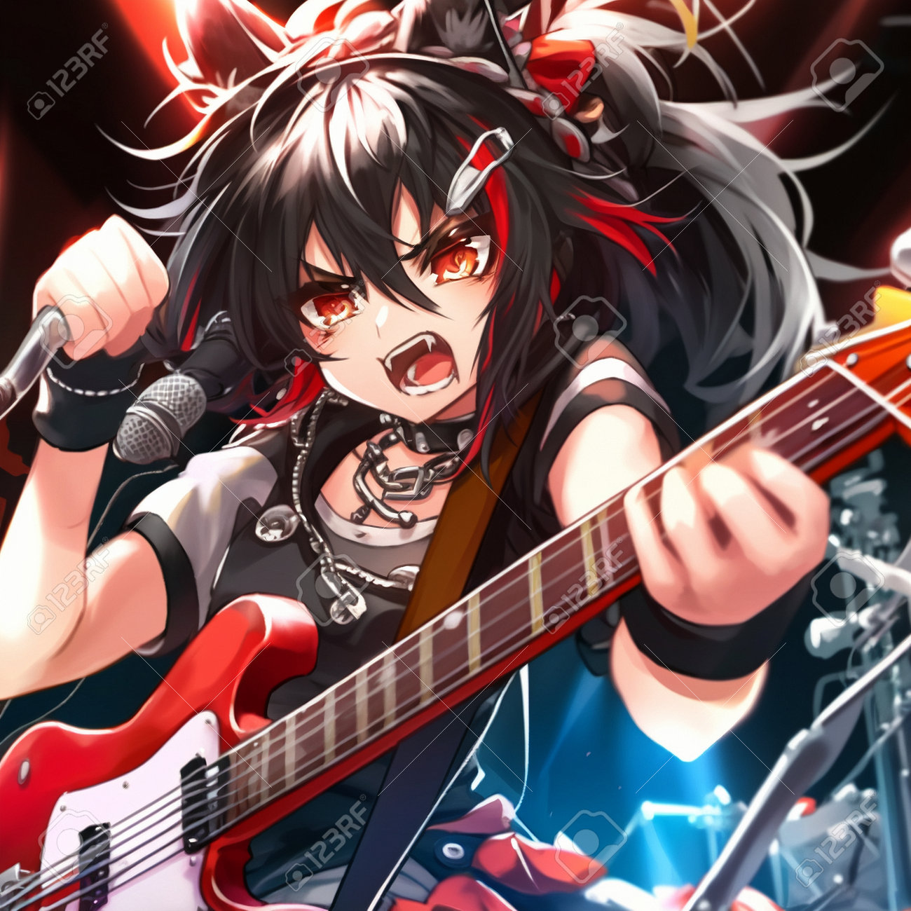 A Girl Plays An Electric Guitar In The Anime Style. High Quality  Illustration Stock Photo, Picture and Royalty Free Image. Image 199950924., image size:1300x1300