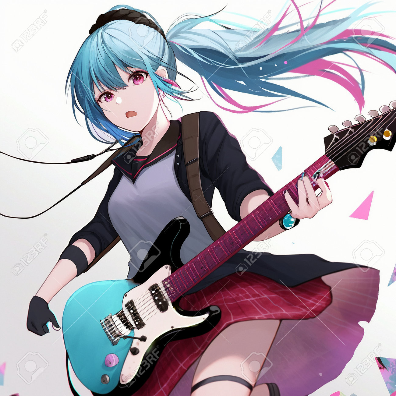 A Girl Plays An Electric Guitar In The Anime Style. High Quality  Illustration Stock Photo, Picture and Royalty Free Image. Image 199950910., image size:1300x1300