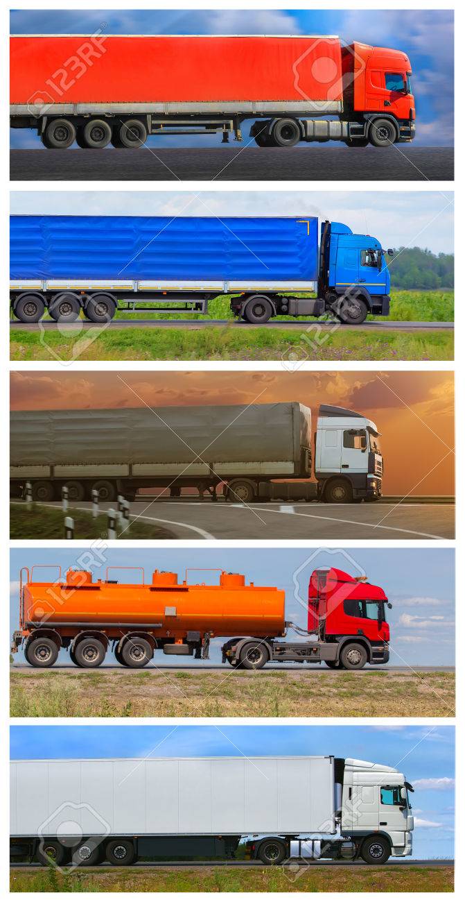 Collage trucks delivering freight going on highway - 53680689 Collage trucks delivering freight going on highway - 53680689