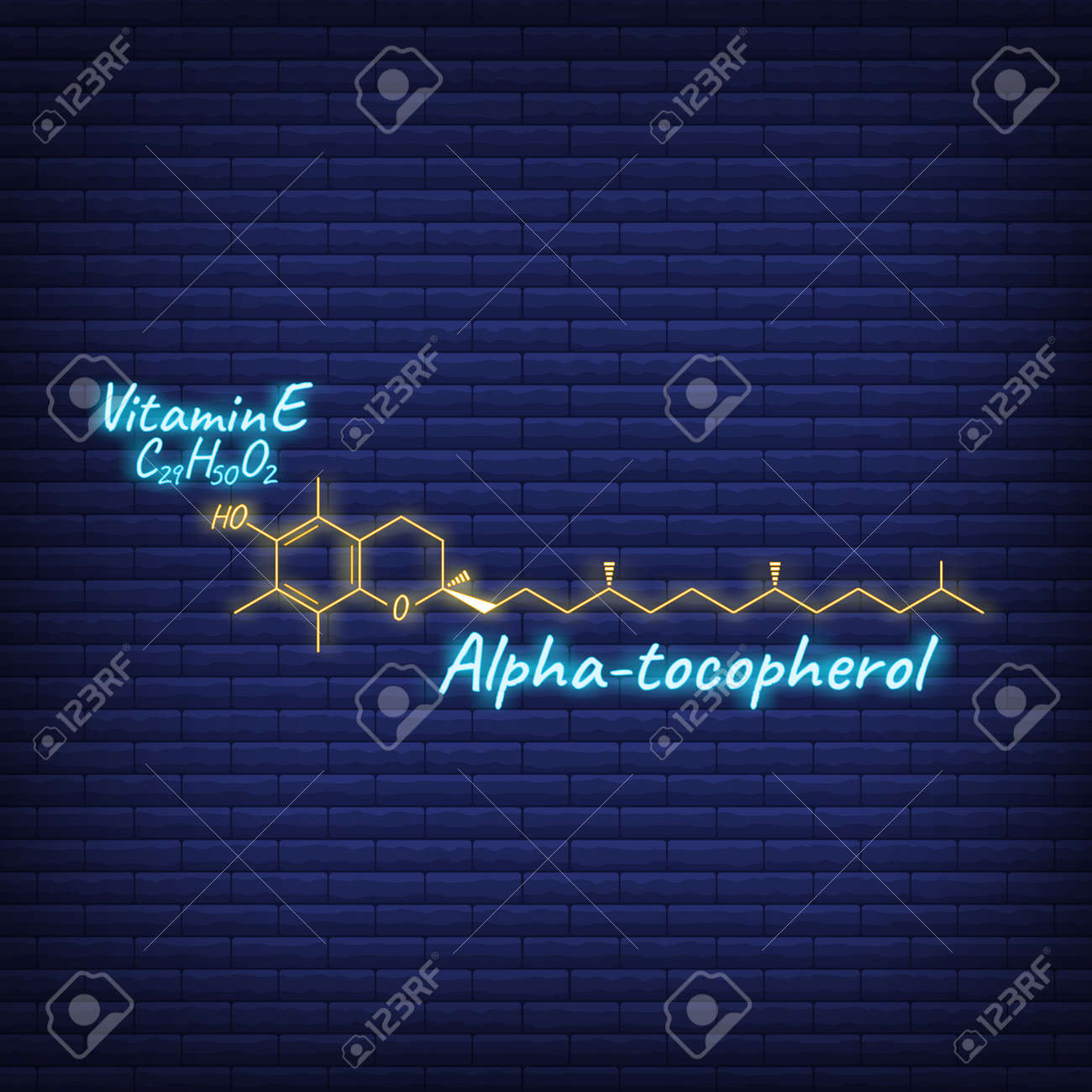 Vitamin E, Alpha Tocopherol Label and Icon glow neon style. Vector Illustration isolated on wall background. Chemical Formula and Structure. - 166412722 Vitamin E, Alpha Tocopherol Label and Icon glow neon style. Vector Illustration isolated on wall background. Chemical Formula and Structure. - 166412722