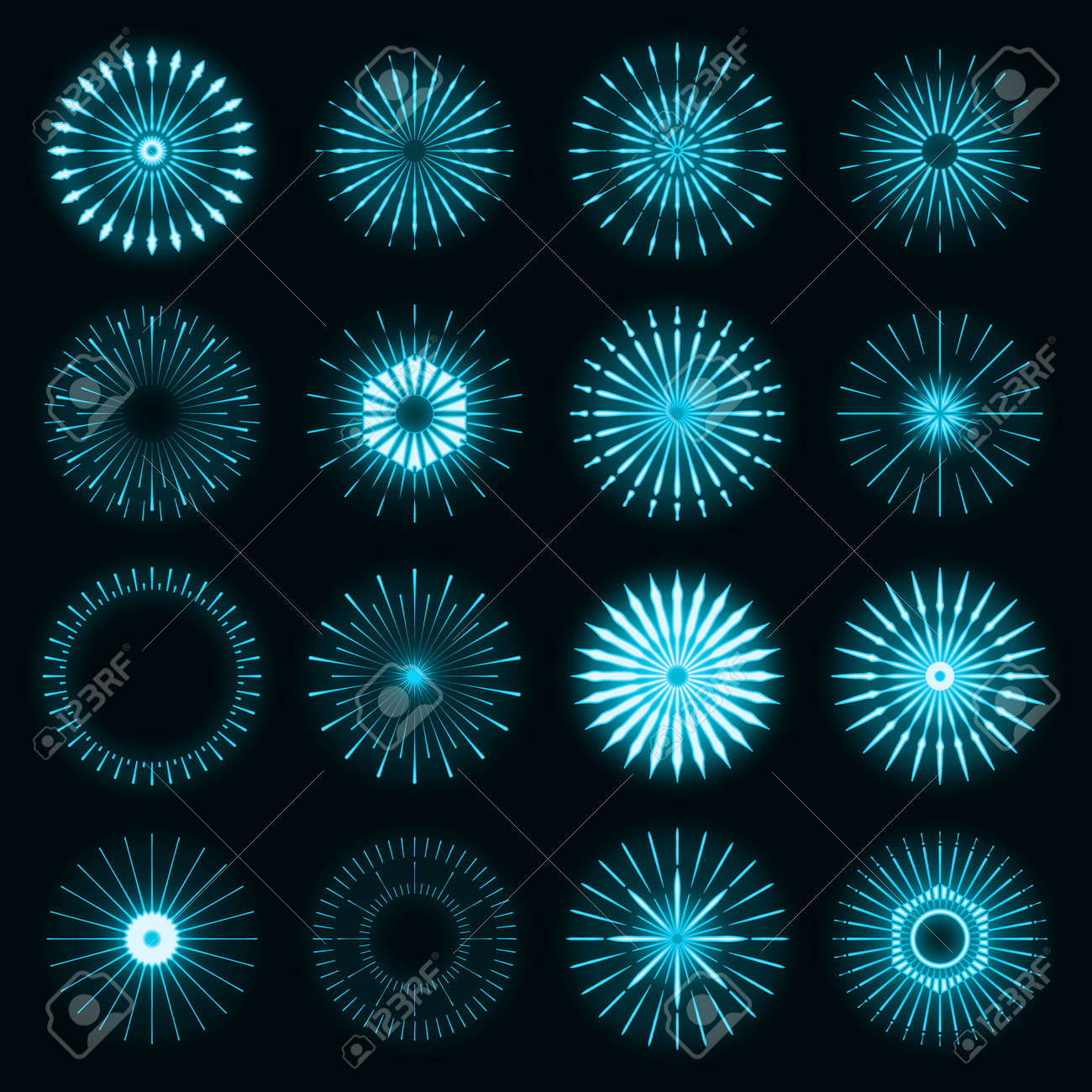 Retro set of light sunburst neon style glow geometric shape, vintage rays sunlight explosion icon concept vector illustration, isolated on black wall. Minimal blue firework burst label, sunbeam badge. - 168394774 Retro set of light sunburst neon style glow geometric shape, vintage rays sunlight explosion icon concept vector illustration, isolated on black wall. Minimal blue firework burst label, sunbeam badge. - 168394774