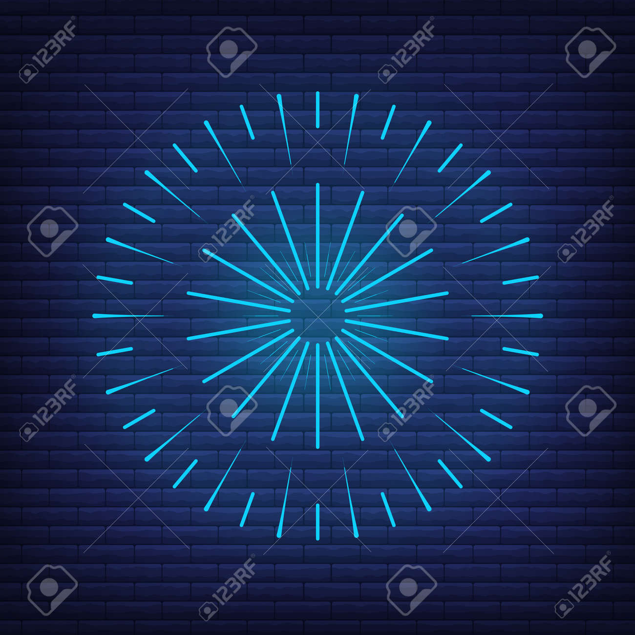 Retro design light sunburst neon style glow geometric shape, vintage rays sunlight explosion icon concept vector illustration, isolated on black wall. Minimal blue firework burst label, sunbeam badge. - 168394800 Retro design light sunburst neon style glow geometric shape, vintage rays sunlight explosion icon concept vector illustration, isolated on black wall. Minimal blue firework burst label, sunbeam badge. - 168394800