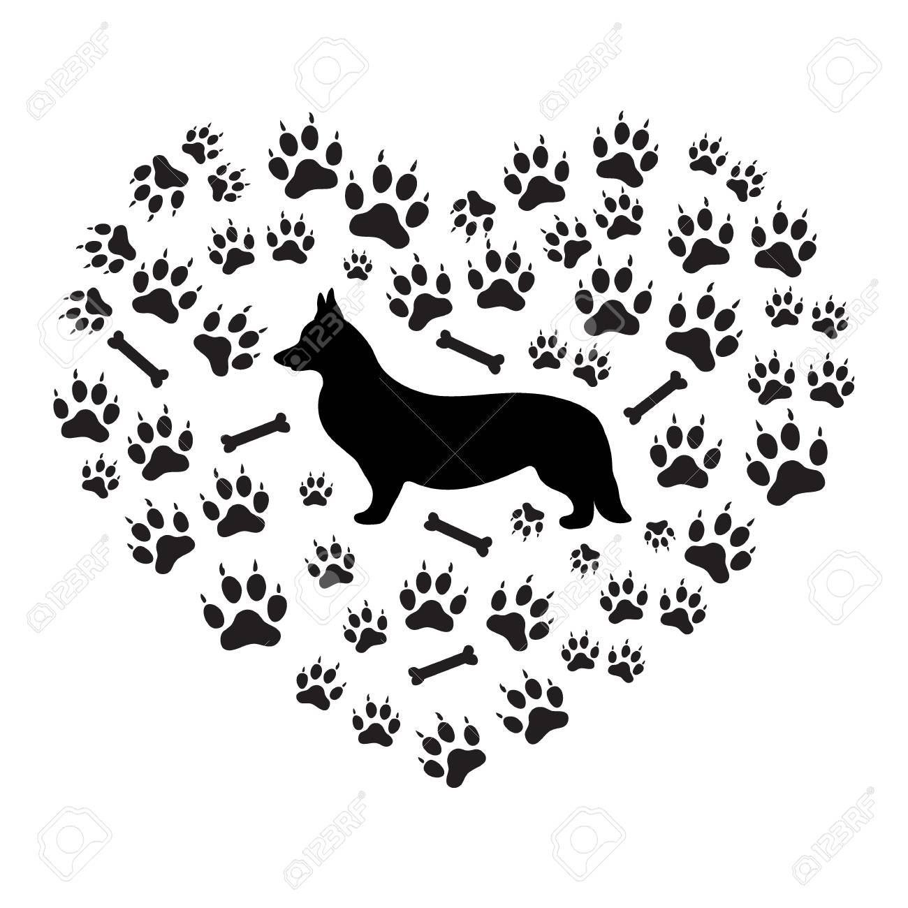 Nice picture of Welsh Corgi Pembroke silhouette on a background of dog tracks and bones in the form of heart on a white background. - 64556945 Nice picture of Welsh Corgi Pembroke silhouette on a background of dog tracks and bones in the form of heart on a white background. - 64556945