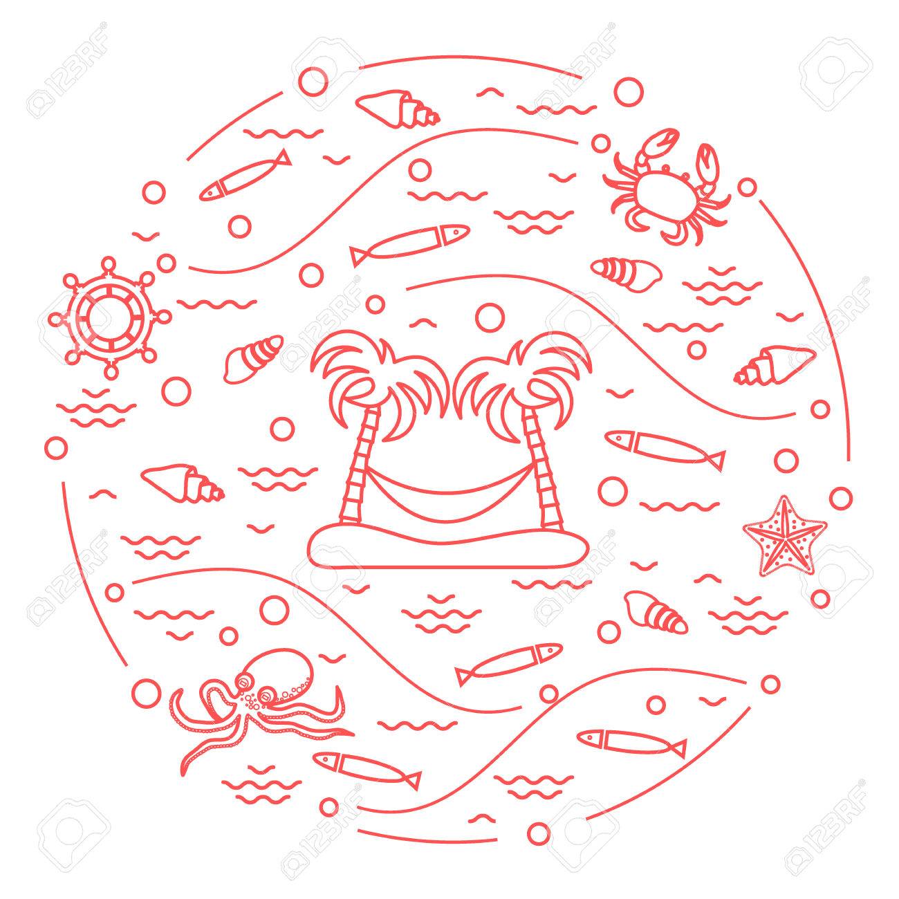 かわいいベクター イラストを使用したタコ 魚 島のヤシの木とハンモック ヘルム 波 貝殻 ヒトデ カニを円形に配置 横断幕やポスター印刷のデザイン の イラスト素材 ベクタ Image