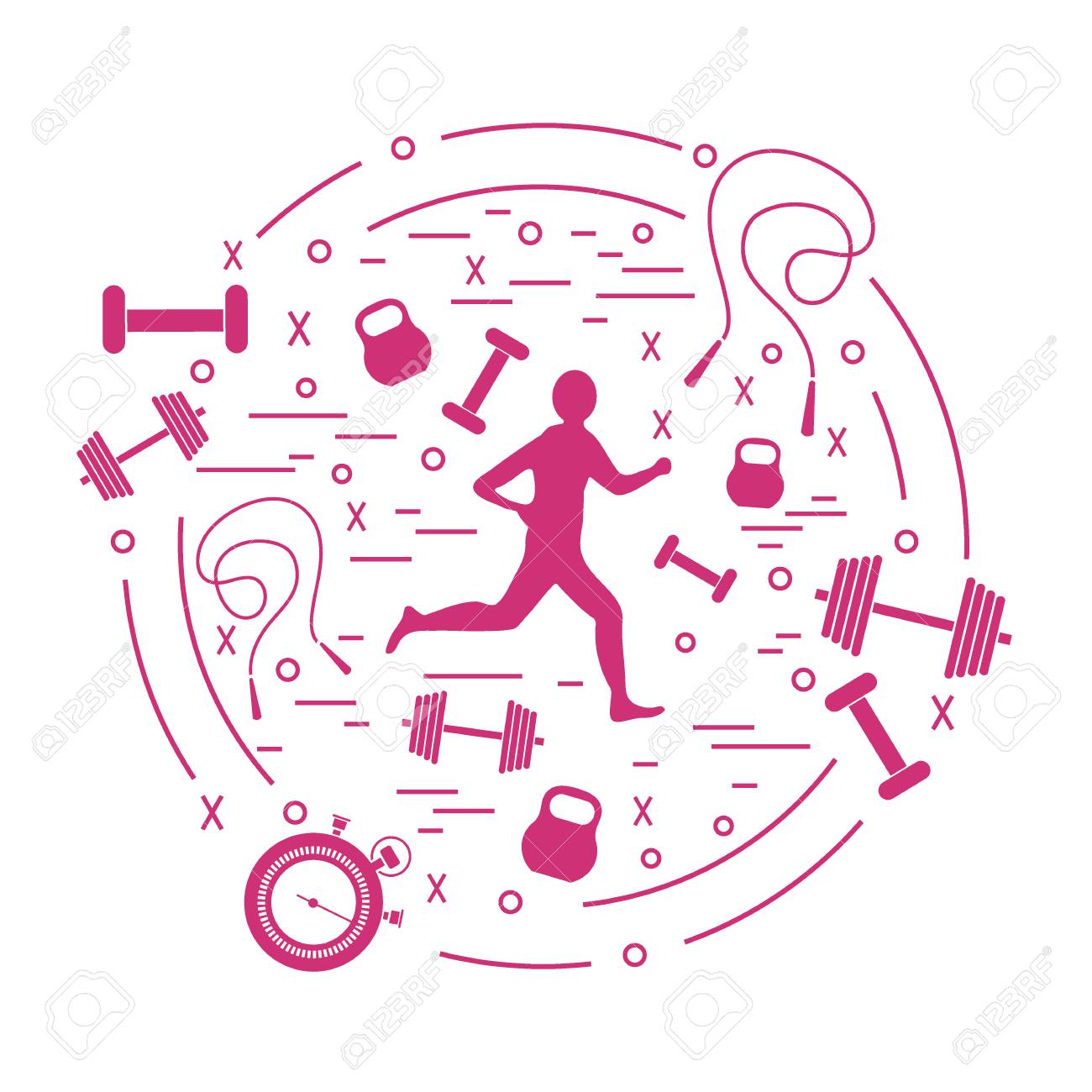 ジョギングの人とさまざまな種類のスポーツ用品は円形に配置のベクトル イラスト スキップ ロープ ストップウォッチ ダンベル その他のアイコンを含みます のイラスト素材 ベクタ Image ジョギングの人とさまざまな種類のスポーツ用品は円形に配置のベクトル イラスト スキップ ロープ ストップウォッチ ダンベル その他のアイコンを含みます のイラスト素材 ベクタ Image
