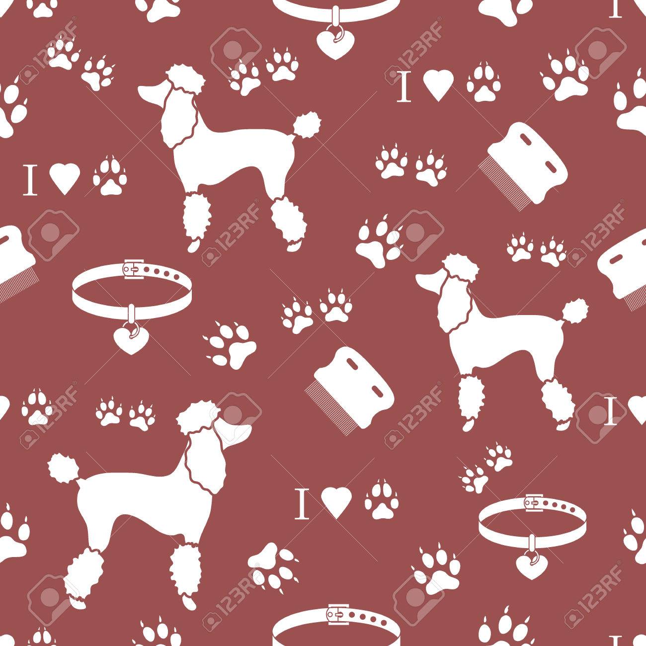 プードル シルエット 櫛 首輪とシームレスなパターン犬を追跡し 心します 横断幕やポスター印刷のデザイン のイラスト素材 ベクタ Image