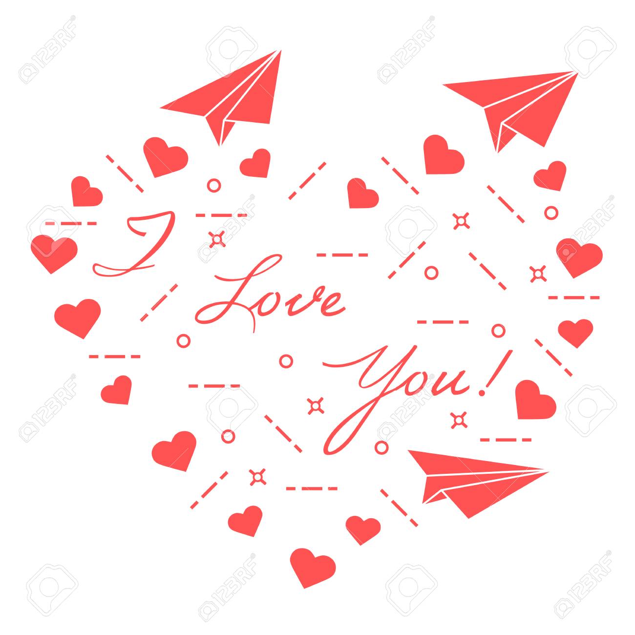 paper airplane hearts and inscription i love you template for