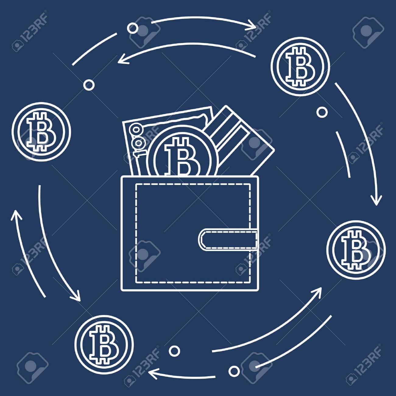 Monedero Con Billete, De Crédito Y Bitcoin. Diseño Para Anuncio, Anuncio, Pancarta O Impresión. Ilustraciones Svg, Vectoriales, Art Vectorizado Libre Derechos. 95892118.