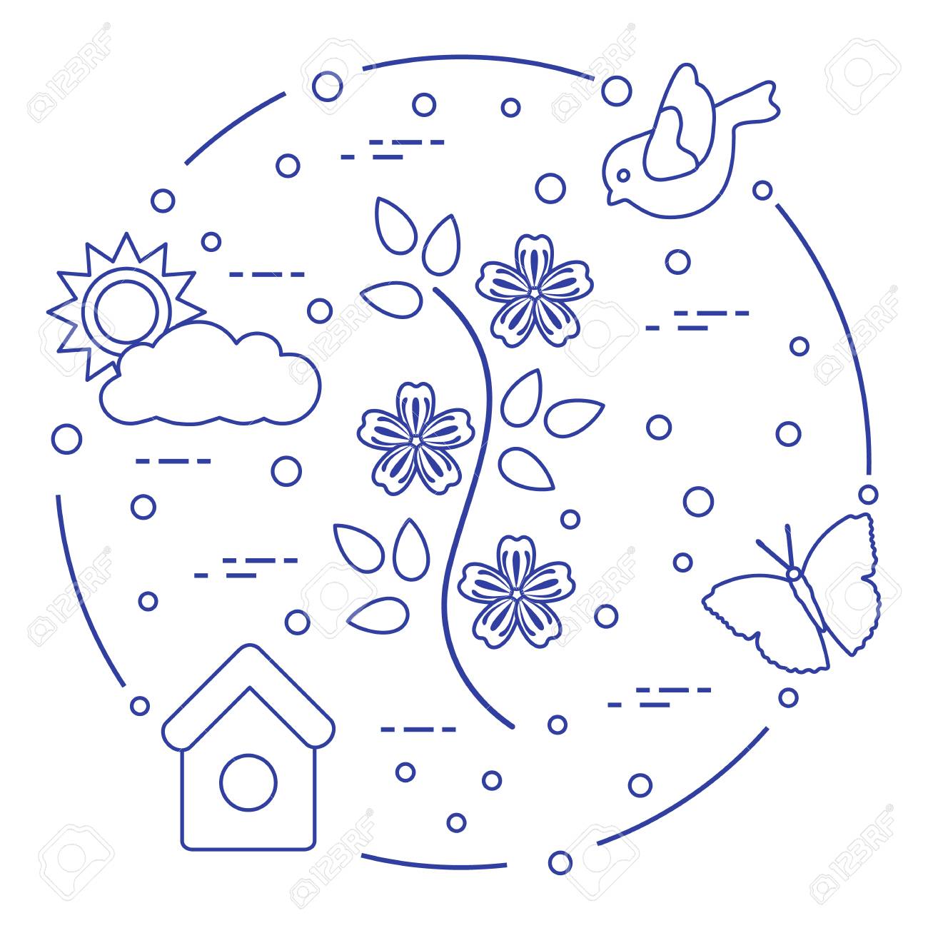 Sonne Wolke Vogel Blume Schmetterling Vogelhaus Fruhlingsthema Vorlage Fur Design Druck Vektorillustration Lizenzfrei Nutzbare Vektorgrafiken Clip Arts Illustrationen Image 97038281