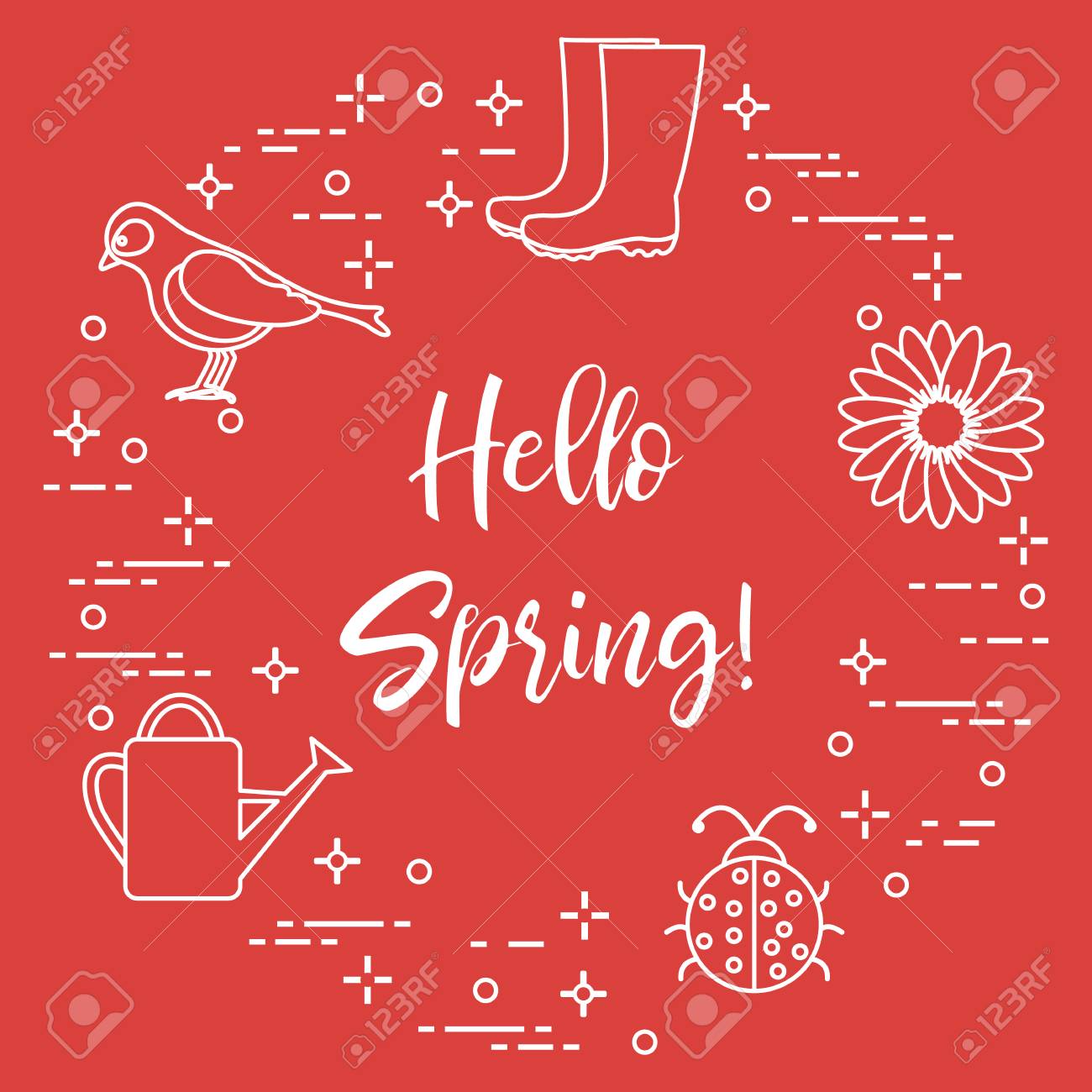 rubber boots bird flower watering can ladybug phrase hello