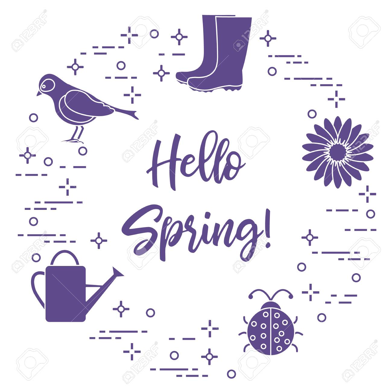 rubber boots bird flower watering can ladybug phrase hello