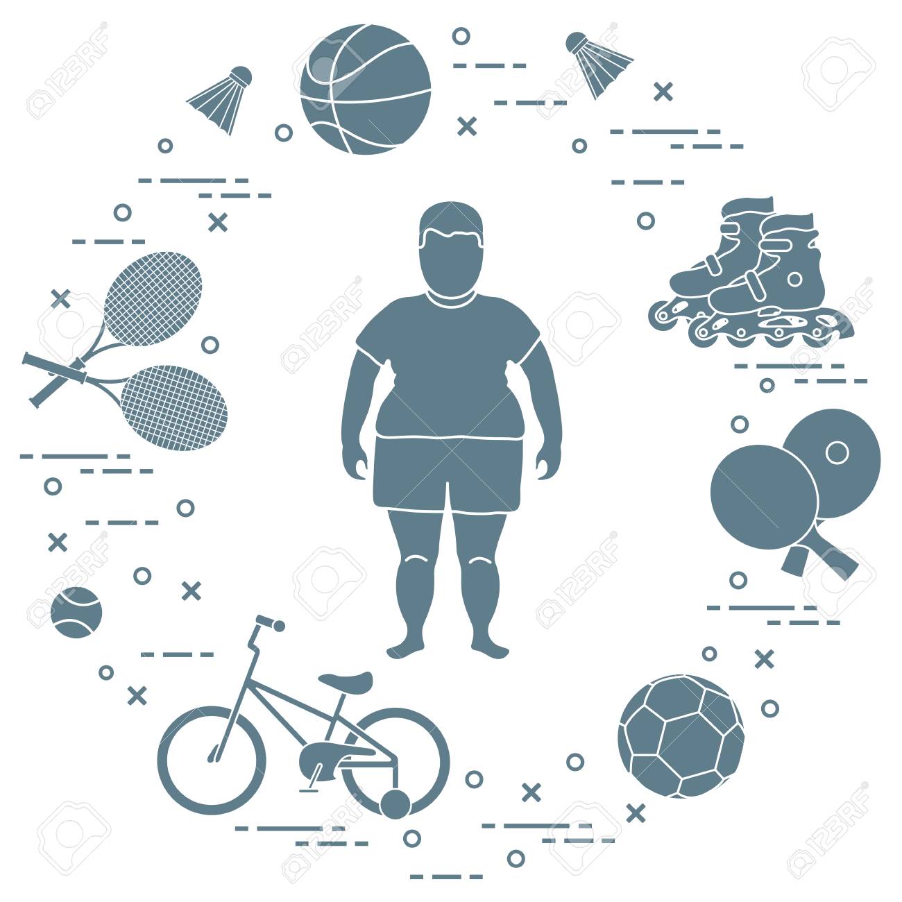 Fat boy, badminton rackets and shuttlecocks, football and basketball balls, rackets and balls for table tennis, kids bicycle, rollers. Sports and healthy lifestyle from childhood. - 102884327 Fat boy, badminton rackets and shuttlecocks, football and basketball balls, rackets and balls for table tennis, kids bicycle, rollers. Sports and healthy lifestyle from childhood. - 102884327