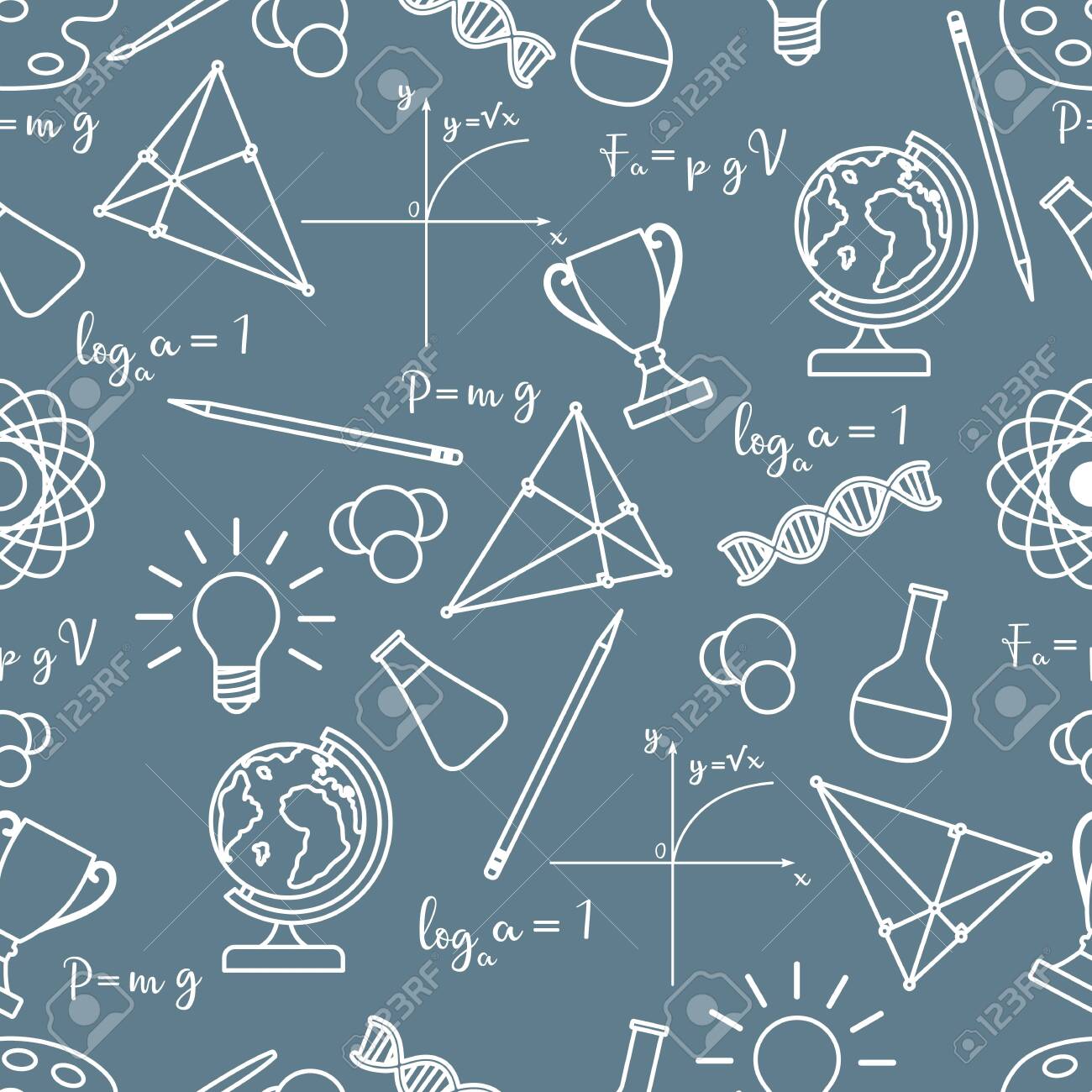 Vector seamless pattern with scientific, education elements: globe, formulas, flasks, molecules, atom, DNA, function graph, pencil, triangle. Design for websites, poster, apps, print. - 124810529 Vector seamless pattern with scientific, education elements: globe, formulas, flasks, molecules, atom, DNA, function graph, pencil, triangle. Design for websites, poster, apps, print. - 124810529