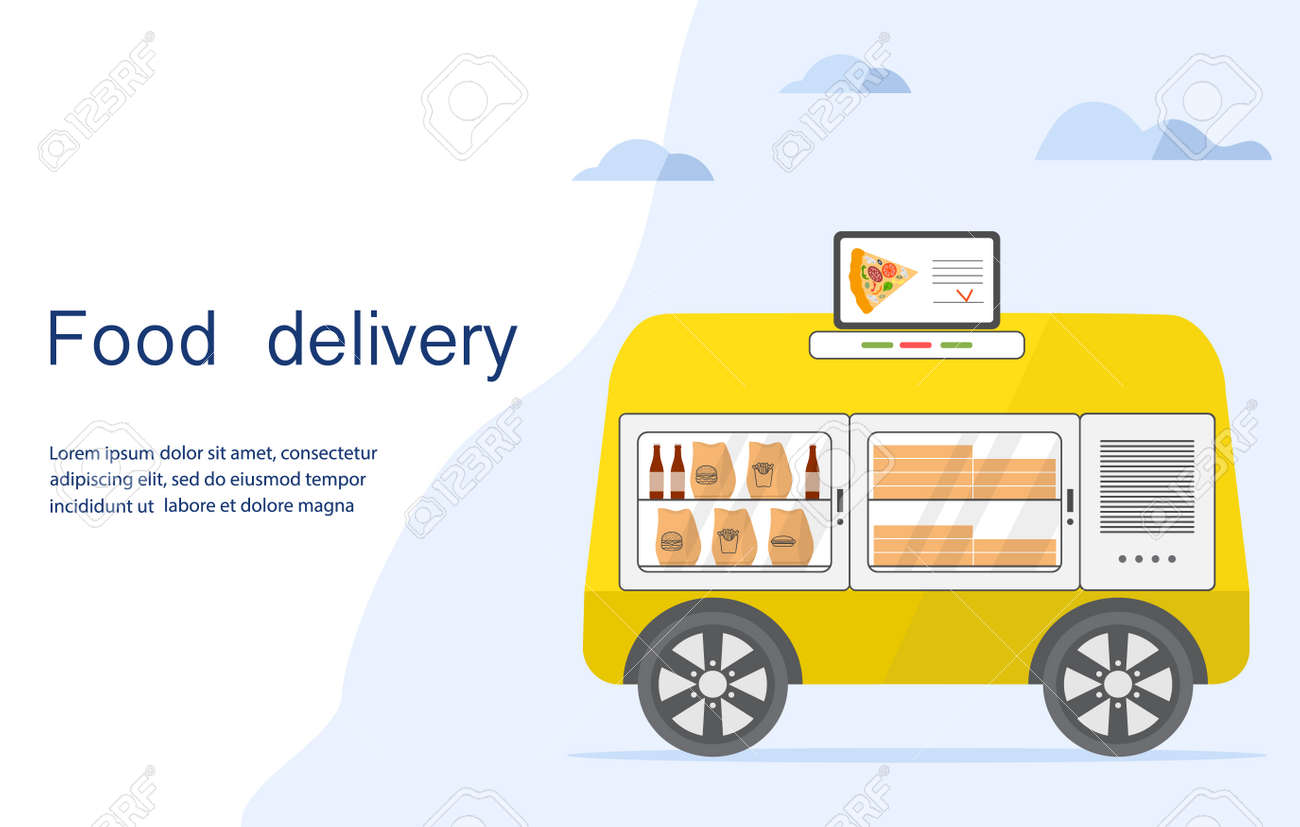 Vector illustration Fast food online order for delivery by self-driving transportation. Food delivery automated car, autonomous vehicle, driverless transport. Scientific, technical progress. Robot - 170255058 Vector illustration Fast food online order for delivery by self-driving transportation. Food delivery automated car, autonomous vehicle, driverless transport. Scientific, technical progress. Robot - 170255058