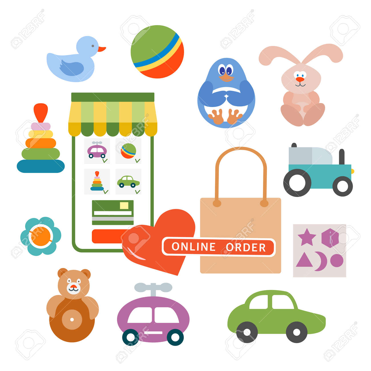 Vector illustration Online order Kid toys Happy childhood Gaming items Cars, pyramid, ball, rattle, tumbler, rabbit, duck, penguin, sorter Primary school Elementary grade Kindergarten Game Play - 170249918 Vector illustration Online order Kid toys Happy childhood Gaming items Cars, pyramid, ball, rattle, tumbler, rabbit, duck, penguin, sorter Primary school Elementary grade Kindergarten Game Play - 170249918