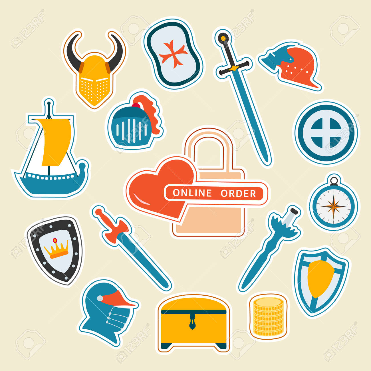 Vector illustration Stickers pack Online order Kid toys Knightly sword, shield, helmet, treasure chest, ship. Happy childhood Gaming items Primary school Elementary grade Kindergarten Game - 170249854 Vector illustration Stickers pack Online order Kid toys Knightly sword, shield, helmet, treasure chest, ship. Happy childhood Gaming items Primary school Elementary grade Kindergarten Game - 170249854