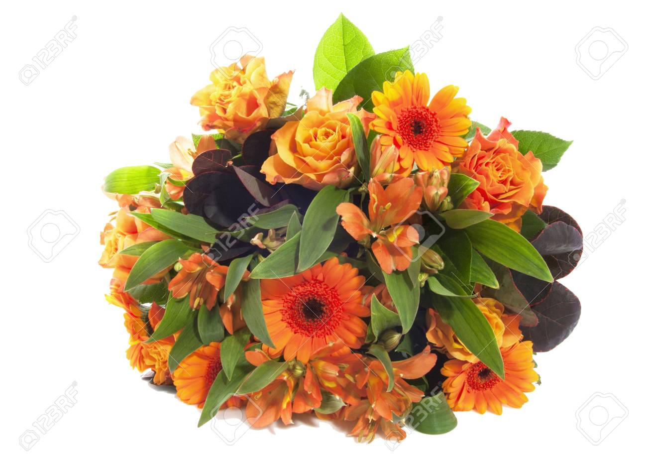 白で分離された美しいオレンジ花束 の写真素材 画像素材 Image