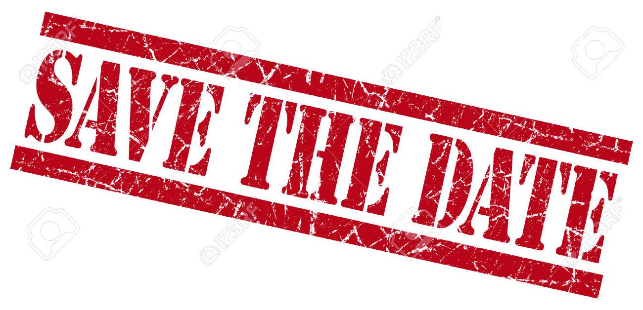 save the date red square grunge textured isolated stamp stock photo