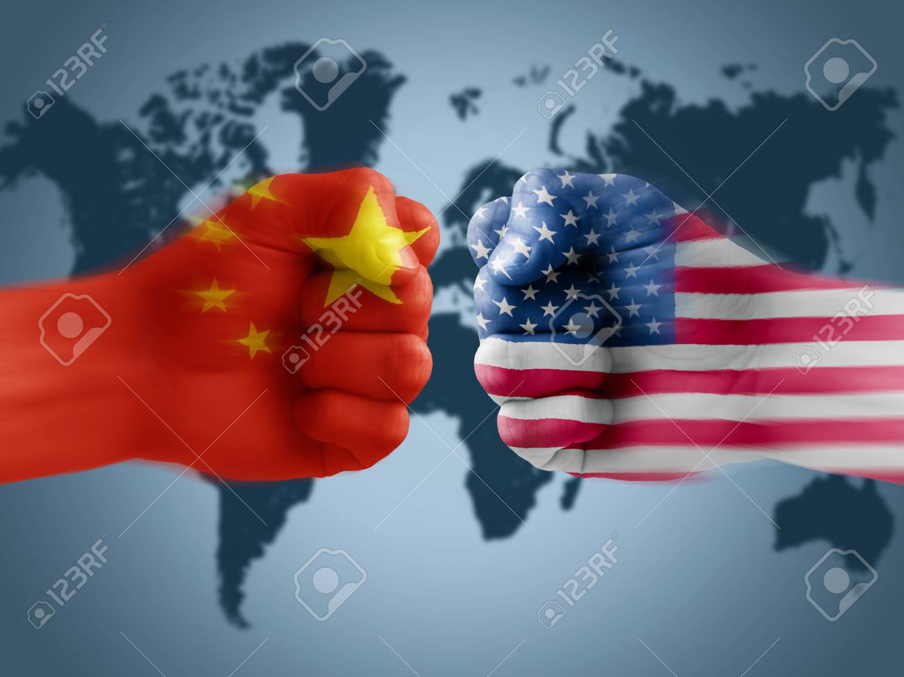 US - China trade war, boxing flag fists - 106087845 US - China trade war, boxing flag fists - 106087845