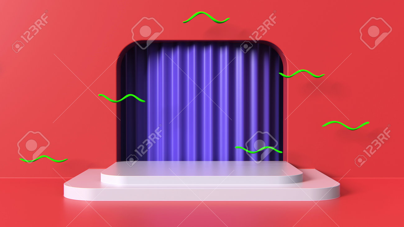 Empty podium with curtains and flow abstract elements 3d render on red background. Colorful entourage render. - 160499564 Empty podium with curtains and flow abstract elements 3d render on red background. Colorful entourage render. - 160499564